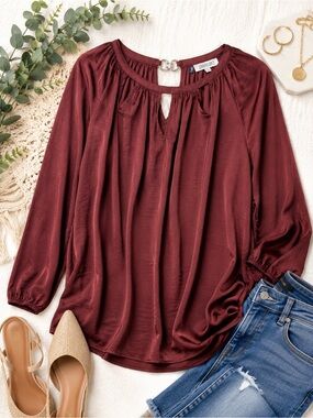 Jennifer Lopez Wine-Red Satin Keyhole Blouse